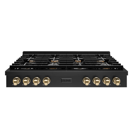 ZLINE 48 in. Autograph Edition Paramount Gas Rangetop with 8 Burners and Porcelain Cooktop in Black Stainless Steel with Polished Gold Accents (SRTBZ-48-G)