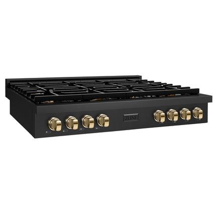 ZLINE 48 in. Autograph Edition Paramount Gas Rangetop with 8 Burners and Porcelain Cooktop in Black Stainless Steel with Polished Gold Accents (SRTBZ-48-G)