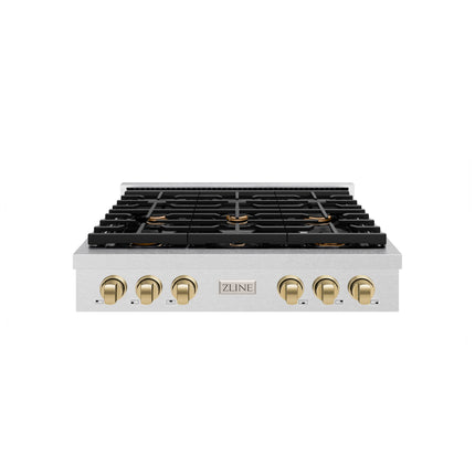 ZLINE 36 in. Autograph Edition Paramount Gas Rangetop with 6 Burners and Porcelain Cooktop in Satin Stainless Steel with Champagne Bronze Accents (SRTSZ-36-CB)