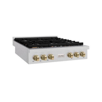 ZLINE 36 in. Autograph Edition Paramount Gas Rangetop with 6 Burners and Porcelain Cooktop in Satin Stainless Steel with Champagne Bronze Accents (SRTSZ-36-CB)