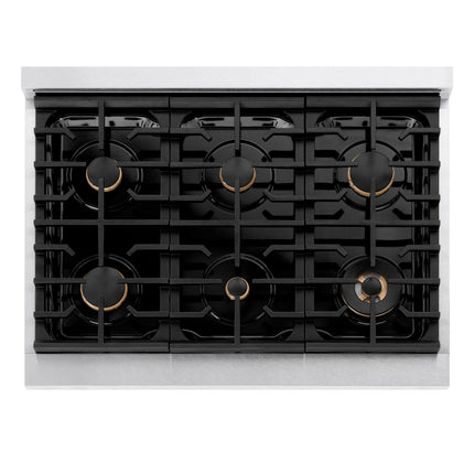 ZLINE 36 in. Autograph Edition Paramount Gas Rangetop with 6 Burners and Porcelain Cooktop in Satin Stainless Steel with Polished Gold Accents (SRTSZ-36-G)