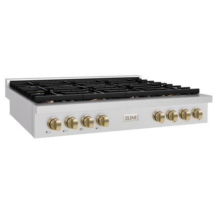 ZLINE 48 in. Autograph Edition Paramount Gas Rangetop with 8 Burners and Porcelain Cooktop in Satin Stainless Steel with Champagne Bronze Accents (SRTSZ-48-CB)