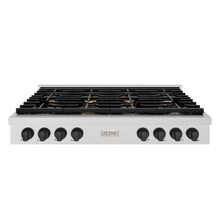 ZLINE 48 in. Autograph Edition Paramount Gas Rangetop with 8 Burners and Porcelain Cooktop in Satin Stainless Steel with Matte Black Accents (SRTSZ-48-MB)