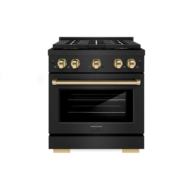 ZLINE Autograph Edition 30 in. 4.2 cu. ft. Paramount Dual Fuel Range with 4 Burner DuoPro™ Cooktop and Electric Convection Oven in Black Stainless Steel and Polished Gold Accents (PSDRBZ-30-G)