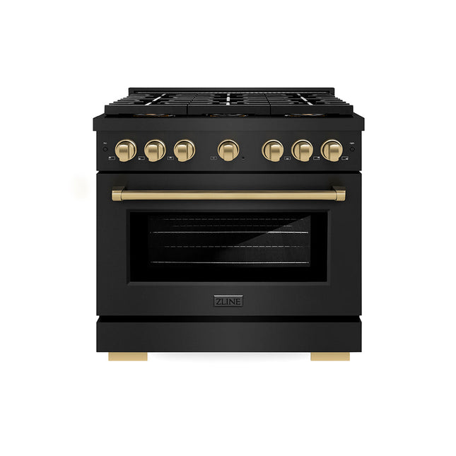 ZLINE Autograph Edition 36 in. 5.2 cu. ft. Paramount Dual Fuel Range with 6 Burner DuoPro™ Cooktop and Electric Convection Oven in Black Stainless Steel and Champagne Bronze Accents (PSDRBZ-36-CB)