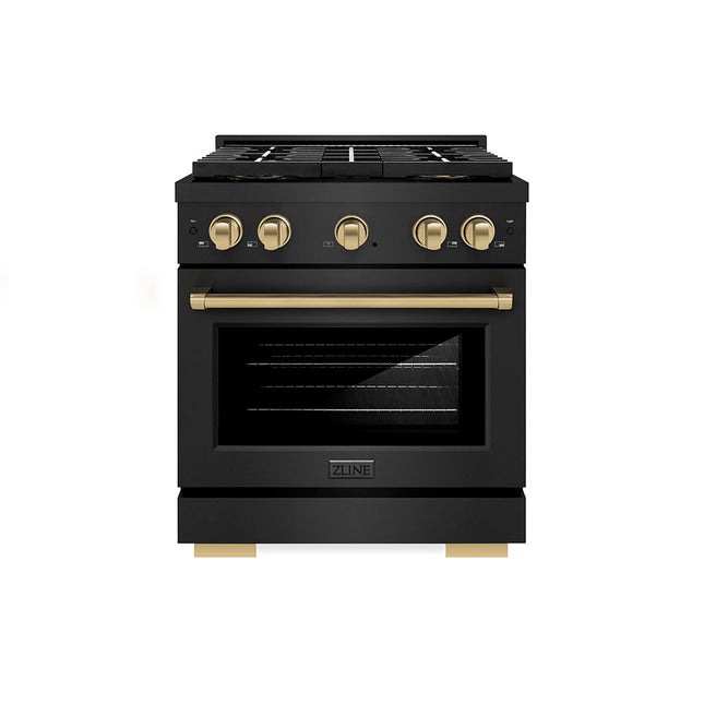 ZLINE Autograph Edition 30 in. 4.2 cu. ft. Paramount Gas Range with 4 Burner DuoPro™ Cooktop and Convection Gas Oven in Black Stainless Steel and Champagne Bronze Accents (PSGRBZ-30-CB)