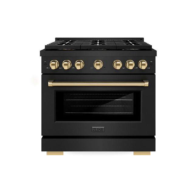 ZLINE Autograph Edition 36 in. 5.2 cu. ft. Paramount Gas Range with 6 Burner DuoPro™ Cooktop and Convection Gas Oven in Black Stainless Steel and Polished Gold Accents (PSGRBZ-36-G)