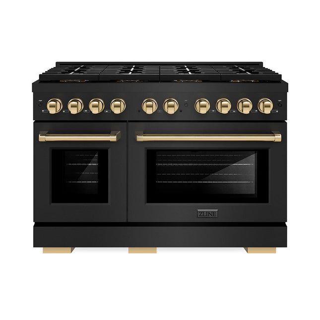 ZLINE Autograph Edition 48 in. 6.7 cu. ft. Paramount Gas Range with 8 Burner DuoPro™ Cooktop and Dual Ovens in Black Stainless Steel and Polished Gold Accents (PSGRBZ-48-G)