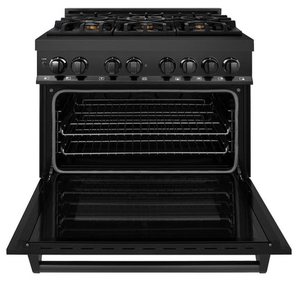 ZLINE Kitchen Package with Black Stainless Steel Refrigerator, 36 in. Dual Fuel Range, Range Hood, and Microwave Drawer (4KPR-RABRH36-MW)