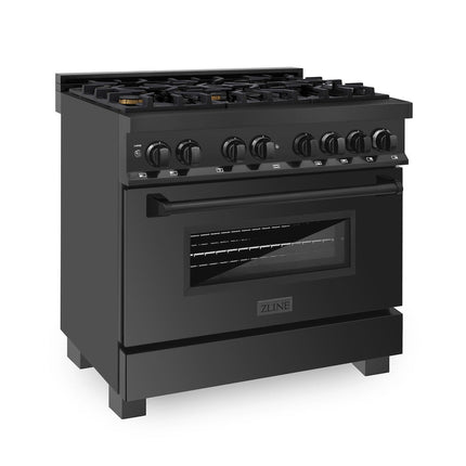 ZLINE Kitchen Package with Black Stainless Steel Refrigerator, 36 in. Dual Fuel Range, Range Hood, and Microwave Drawer (4KPR-RABRH36-MW)