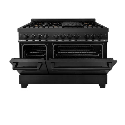ZLINE Kitchen Package with Black Stainless Steel Refrigerator, 48 in. Dual Fuel Range, Range Hood, and Microwave Drawer (4KPR-RABRH48-MW)