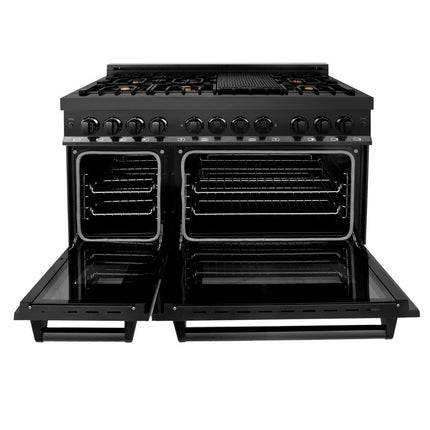 ZLINE Kitchen Package with Black Stainless Steel Refrigerator, 48 in. Dual Fuel Range, Range Hood, and Microwave Drawer (4KPR-RABRH48-MW)