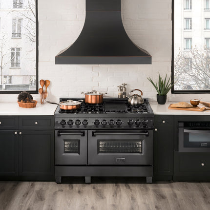 ZLINE 48 in. 6.0 cu. ft. Legacy Dual Fuel Range with Gas Cooktop and 2 Electric Ovens in Black Stainless Steel with 6 Brass Burners (RAB-BR-48)