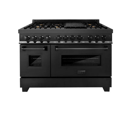 ZLINE Kitchen Package with Black Stainless Steel Refrigerator, 48 in. Dual Fuel Range, Range Hood, and Microwave Drawer (4KPR-RABRH48-MW)