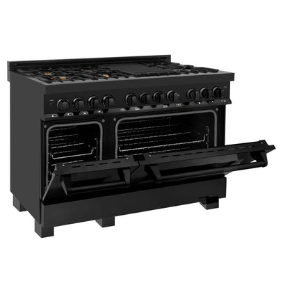 ZLINE Kitchen Package with Black Stainless Steel Refrigerator, 48 in. Dual Fuel Range, Range Hood, and Microwave Drawer (4KPR-RABRH48-MW)