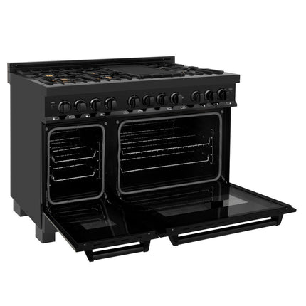 ZLINE Kitchen Package with Black Stainless Steel Refrigerator, 48 in. Dual Fuel Range, Range Hood, and Microwave Drawer (4KPR-RABRH48-MW)