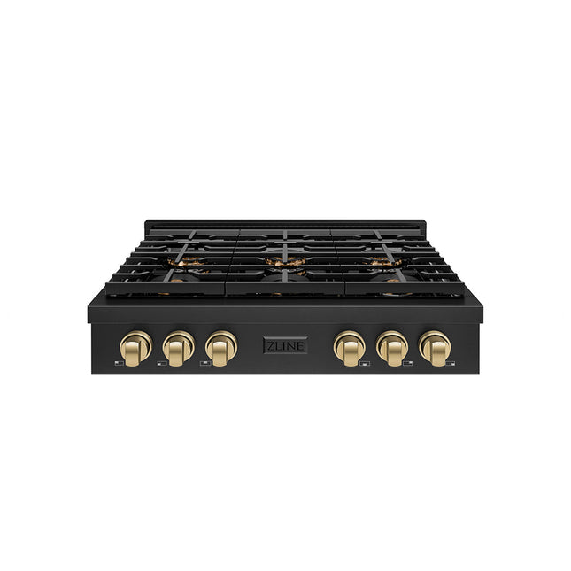 ZLINE Autograph Edition 36 in. Paramount Gas Rangetop with 6 Burner DuoPro™ Cooktop in Black Stainless Steel and Champagne Bronze Accents (PSRTBZ-36-CB)
