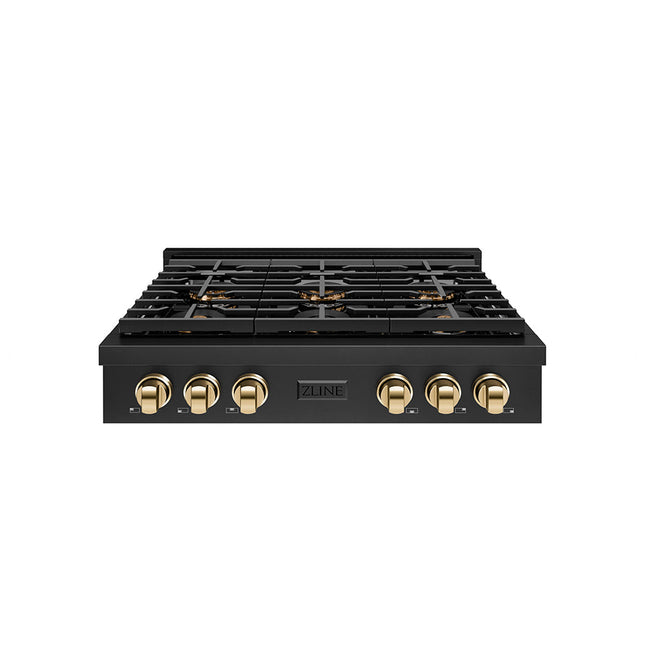 ZLINE Autograph Edition 36 in. Paramount Gas Rangetop with 6 Burner DuoPro™ Cooktop in Black Stainless Steel and Polished Gold Accents (PSRTBZ-36-G)