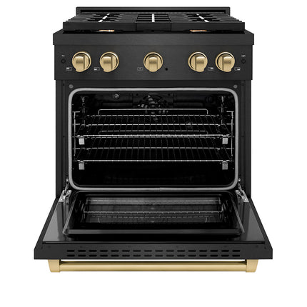 ZLINE Autograph Edition 30 in. 4.2 cu. ft. Paramount Dual Fuel Range with 4 Burner Gas Cooktop and Electric Convection Oven in Black Satin Stainless Steel with Champagne Bronze Accents (SDRBSZ-30-CB)