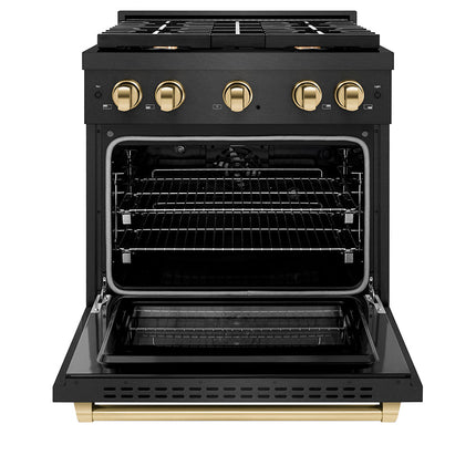 ZLINE Autograph Edition 30 in. 4.2 cu. ft. Paramount Dual Fuel Range with 4 Burner Gas Cooktop and Electric Convection Oven in Black Satin Stainless Steel with Polished Gold Accents (SDRBSZ-30-G)