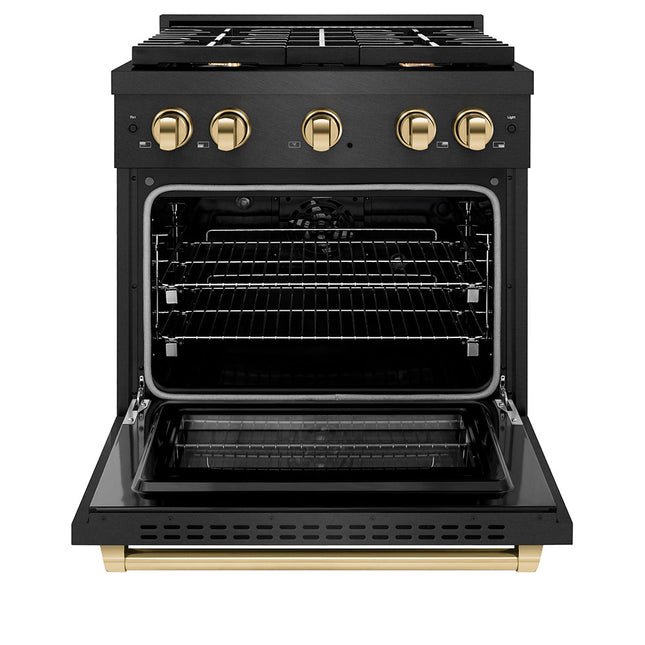 ZLINE Autograph Edition 30 in. 4.2 cu. ft. Paramount Dual Fuel Range with 4 Burner Gas Cooktop and Electric Convection Oven in Black Satin Stainless Steel with Polished Gold Accents (SDRBSZ-30-G)
