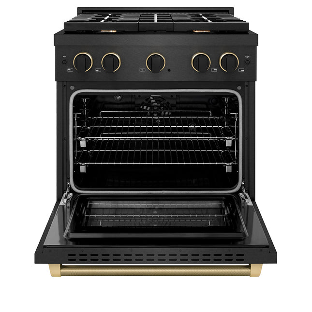 ZLINE Designer Collection 30 in. 4.2 cu. ft. Paramount Dual Fuel Range with 4 Burner Gas Cooktop and Electric Convection Oven in Black Satin Stainless Steel with Matte Black and Champagne Bronze Accents (SDRBSZ-30-MBCB)
