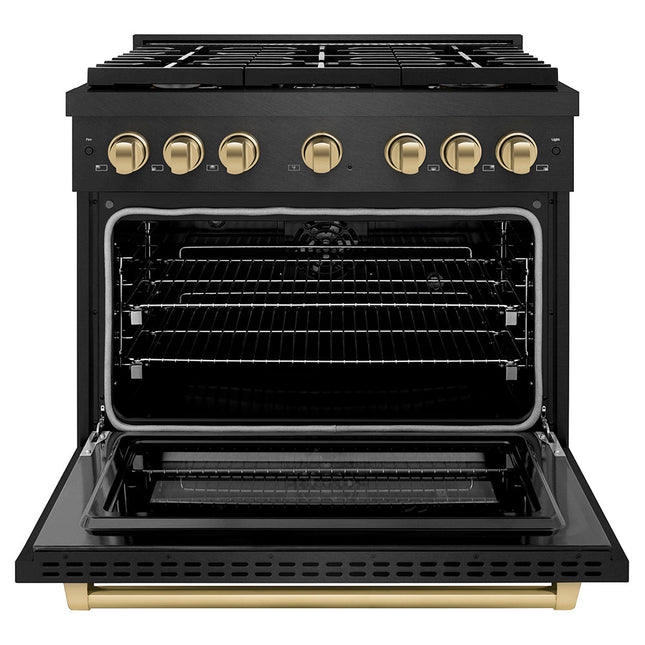 ZLINE Autograph Edition 36 in. 5.2 cu. ft. Paramount Dual Fuel Range with 6 Burner Gas Cooktop and Electric Convection Oven in Black Satin Stainless Steel with Champagne Bronze Accents (SDRBSZ-36-CB)