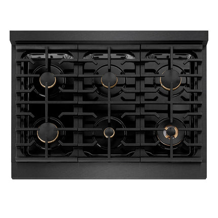 ZLINE Autograph Edition 36 in. 5.2 cu. ft. Paramount Dual Fuel Range with 6 Burner Gas Cooktop and Electric Convection Oven in Black Satin Stainless Steel with Polished Gold Accents (SDRBSZ-36-G)