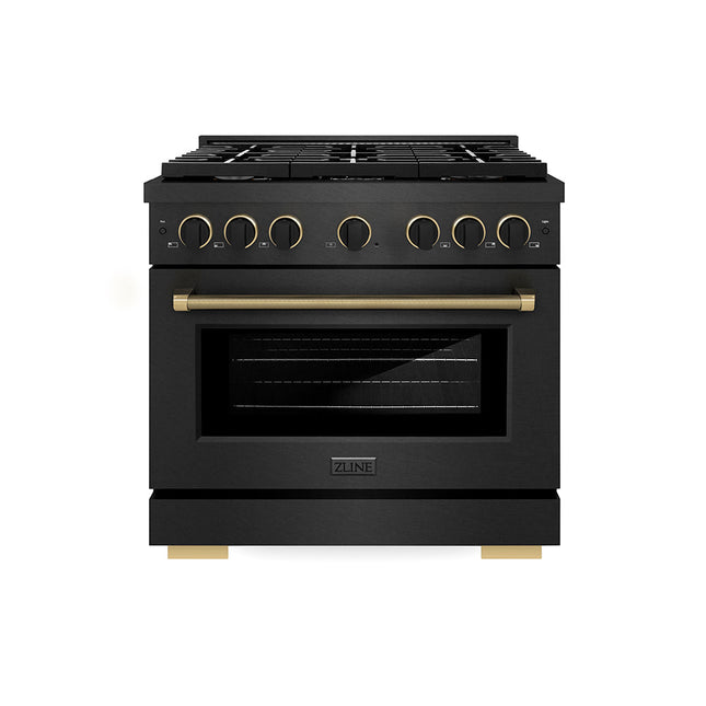 ZLINE Designer Collection 36 in. 5.2 cu. ft. Paramount Dual Fuel Range with 6 Burner Gas Cooktop and Electric Convection Oven in Black Satin Stainless Steel with Matte Black and Champagne Bronze Accents (SDRBSZ-36-MBCB)