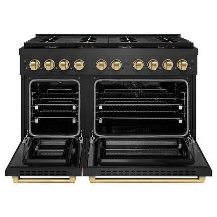 ZLINE Autograph Edition 48 in. 6.7 cu. ft. Paramount Double Oven Dual Fuel Range with 8 Burner Gas Cooktop in Black Satin Stainless Steel and Champagne Bronze Accents (SDRBSZ-48-CB)