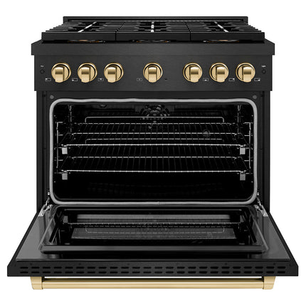 ZLINE Autograph Edition 36 in. 5.2 cu. ft. Paramount Dual Fuel Range with 6 Burner DuoPro™ Cooktop and Electric Convection Oven in Black Satin Stainless Steel and Polished Gold Accents (PSDRBSZ-36-G)
