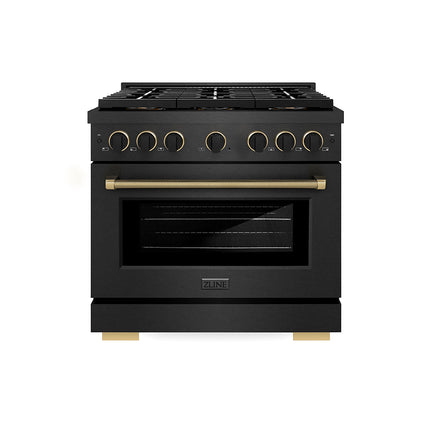 ZLINE Designer Collection 36 in. 5.2 cu. ft. Paramount Dual Fuel Range with 6 Burner DuoPro™ Cooktop and Electric Convection Oven in Black Satin Stainless Steel with Matte Black and Champagne Bronze Accents (PSDRBSZ-36-MBCB)