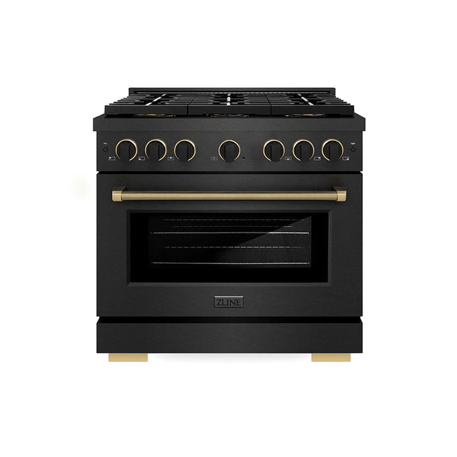 ZLINE Designer Collection 36 in. 5.2 cu. ft. Paramount Dual Fuel Range with 6 Burner DuoPro™ Cooktop and Electric Convection Oven in Black Satin Stainless Steel with Matte Black and Champagne Bronze Accents (PSDRBSZ-36-MBCB)