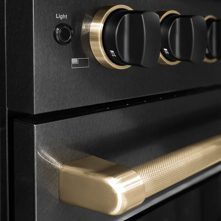 ZLINE Designer Collection 36 in. 5.2 cu. ft. Paramount Dual Fuel Range with 6 Burner DuoPro™ Cooktop and Electric Convection Oven in Black Satin Stainless Steel with Matte Black and Champagne Bronze Accents (PSDRBSZ-36-MBCB)