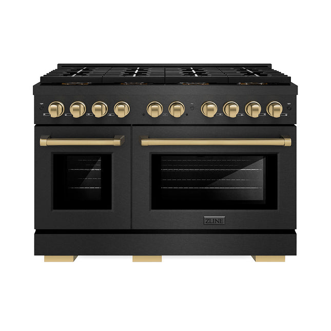 ZLINE Autograph Edition 48 in. 6.7 cu. ft. Paramount Dual Fuel Range with 8 Burner DuoPro™ Cooktop and Dual Ovens in Black Satin Stainless Steel and Champagne Bronze Accents (PSDRBSZ-48-CB)