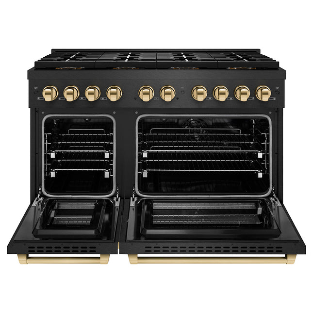 ZLINE Autograph Edition 48 in. 6.7 cu. ft. Paramount Dual Fuel Range with 8 Burner DuoPro™ Cooktop and Dual Ovens in Black Satin Stainless Steel and Polished Gold Accents (PSDRBSZ-48-G)