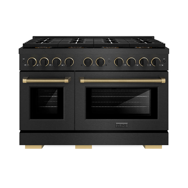 ZLINE Designer Collection 48 in. 6.7 cu. ft. Paramount Dual Fuel Range with 8 Burner DuoPro™ Cooktop and Dual Ovens in Black Satin Stainless Steel with Matte Black and Champagne Bronze Accents (PSDRBSZ-48-MBCB)