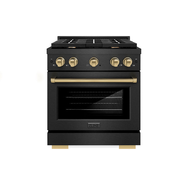 ZLINE Autograph Edition 30 in. 4.2 cu. ft. Paramount Gas Range with 4 Burner Cooktop and Convection Gas Oven in Black Satin Stainless Steel and Champagne Bronze Accents (SGRBSZ-30-CB)