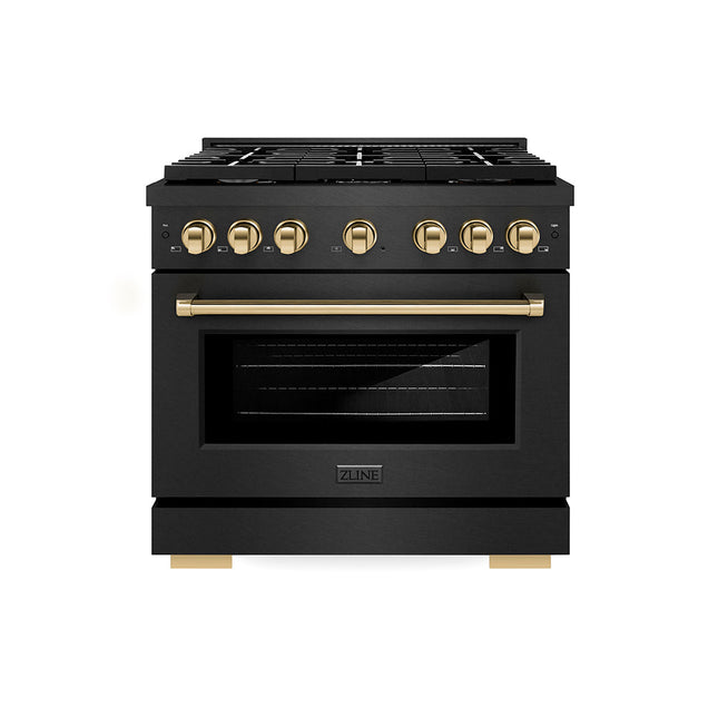 ZLINE Autograph Edition 36 in. 5.2 cu. ft. Paramount Gas Range with 6 Burner Cooktop and Convection Gas Oven in Black Satin Stainless Steel and Polished Gold Accents (SGRBSZ-36-G)