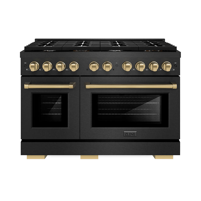 ZLINE Autograph Edition 48 in. 6.7 cu. ft. Paramount Double Oven Gas Range with 8 Burner Cooktop in Black Satin Stainless Steel and Champagne Bronze Accents (SGRBSZ-48-CB)