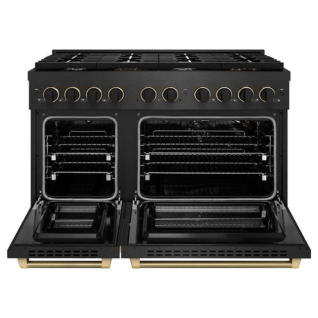 ZLINE Designer Collection 48 in. 6.7 cu. ft. Paramount Double Oven Gas Range with 8 Burner Cooktop in Black Satin Stainless Steel with Matte Black and Champagne Bronze Accents (SGRBSZ-48-MBCB)