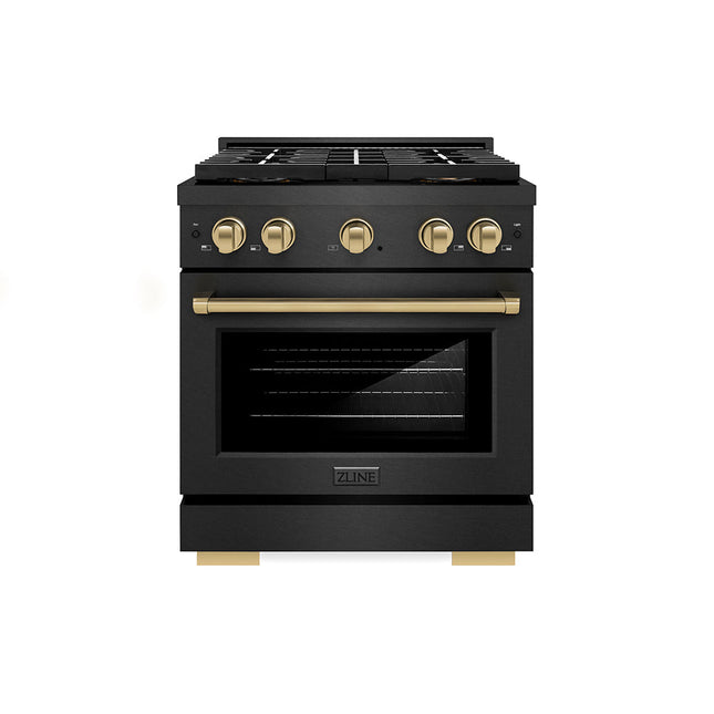 ZLINE Autograph Edition 30 in. 4.2 cu. ft. Paramount Gas Range with 4 Burner DuoPro™ Cooktop and Convection Gas Oven in Black Satin Stainless Steel and Champagne Bronze Accents (PSGRBSZ-30-CB)