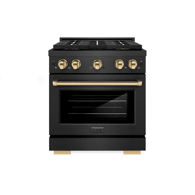 ZLINE Autograph Edition 30 in. 4.2 cu. ft. Paramount Gas Range with 4 Burner DuoPro™ Cooktop and Convection Gas Oven in Black Satin Stainless Steel and Polished Gold Accents (PSGRBSZ-30-G)