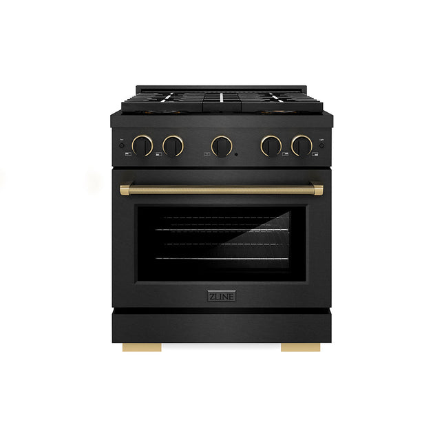 ZLINE Designer Collection 30 in. 4.2 cu. ft. Paramount Gas Range with 4 Burner DuoPro™ Cooktop and Convection Gas Oven in Black Satin Stainless Steel with Matte Black and Champagne Bronze Accents (PSGRBSZ-30-MBCB)