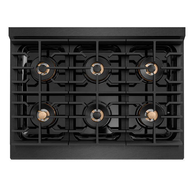 ZLINE Autograph Edition 36 in. 5.2 cu. ft. Paramount Gas Range with 6 Burner DuoPro™ Cooktop and Convection Gas Oven in Black Satin Stainless Steel and Champagne Bronze Accents (PSGRBSZ-36-CB)
