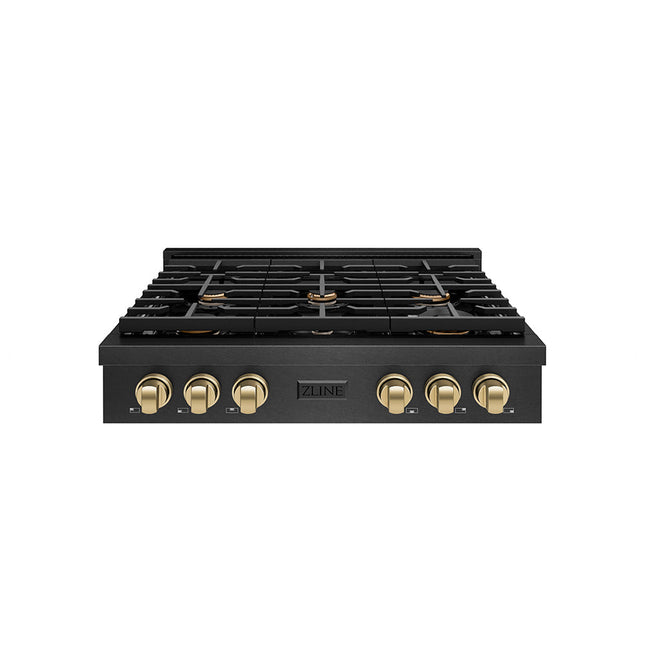 ZLINE Autograph Edition 36 in. Paramount Gas Rangetop with 6 Burners and Porcelain Cooktop in Black Satin Stainless Steel with Champagne Bronze Accents (SRTBSZ-36-CB)