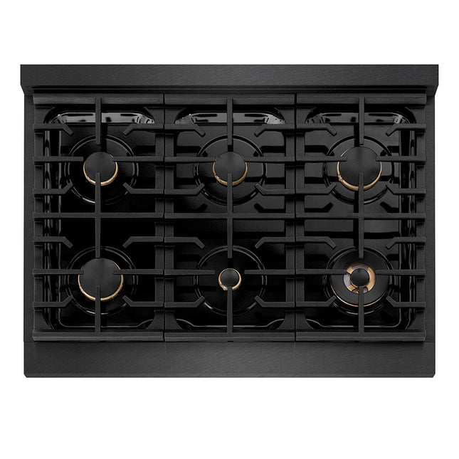 ZLINE Autograph Edition 36 in. Paramount Gas Rangetop with 6 Burners and Porcelain Cooktop in Black Satin Stainless Steel with Polished Gold Accents (SRTBSZ-36-G)