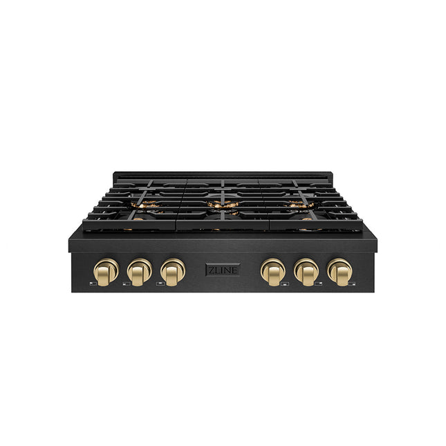 ZLINE Autograph Edition 36 in. Paramount Gas Rangetop with 6 Burner DuoPro™ Cooktop in Black Satin Stainless Steel and Champagne Bronze Accents (PSRTBSZ-36-CB)