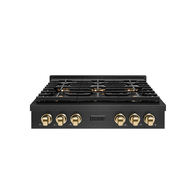 ZLINE Autograph Edition 36 in. Paramount Gas Rangetop with 6 Burner DuoPro™ Cooktop in Black Satin Stainless Steel and Polished Gold Accents (PSRTBSZ-36-G)