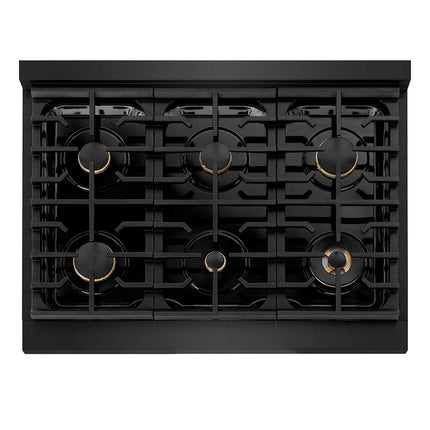 ZLINE Autograph Edition 36 in. 5.2 cu. ft. Paramount Dual Fuel Range with 6 Burner Gas Cooktop and Electric Convection Oven in Black Stainless Steel with Champagne Bronze Helix Handle and Knob Accents (SDRBZ-36-KCB)